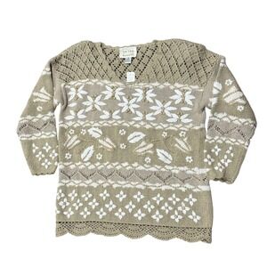 VTG HandKnit Embroidered Floral Sweater Cottagecore Crochet Trimmed Knitwear M